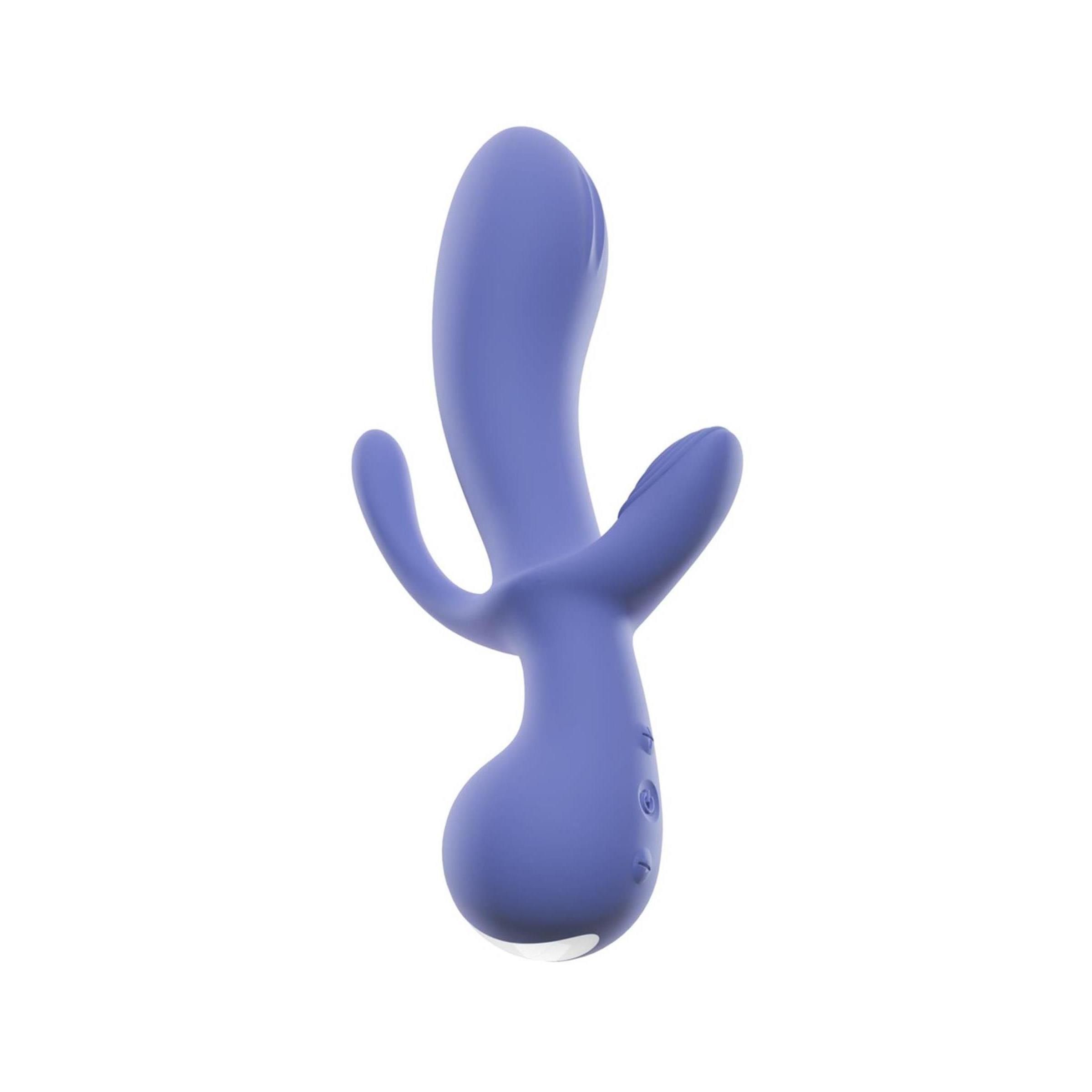 Lila Vibrator mit drei Stimulationsbereichen. Zwei gebogene Arme und ein länglicher Schaft. Weißer Bereich an der Basis.