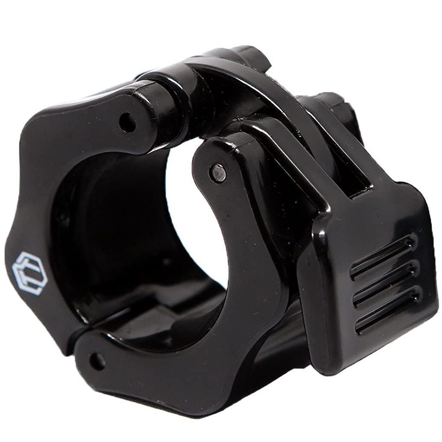 Schwarzer Schnellverschluss für Hantelstangen. Runde Form mit Hebel. Logo.