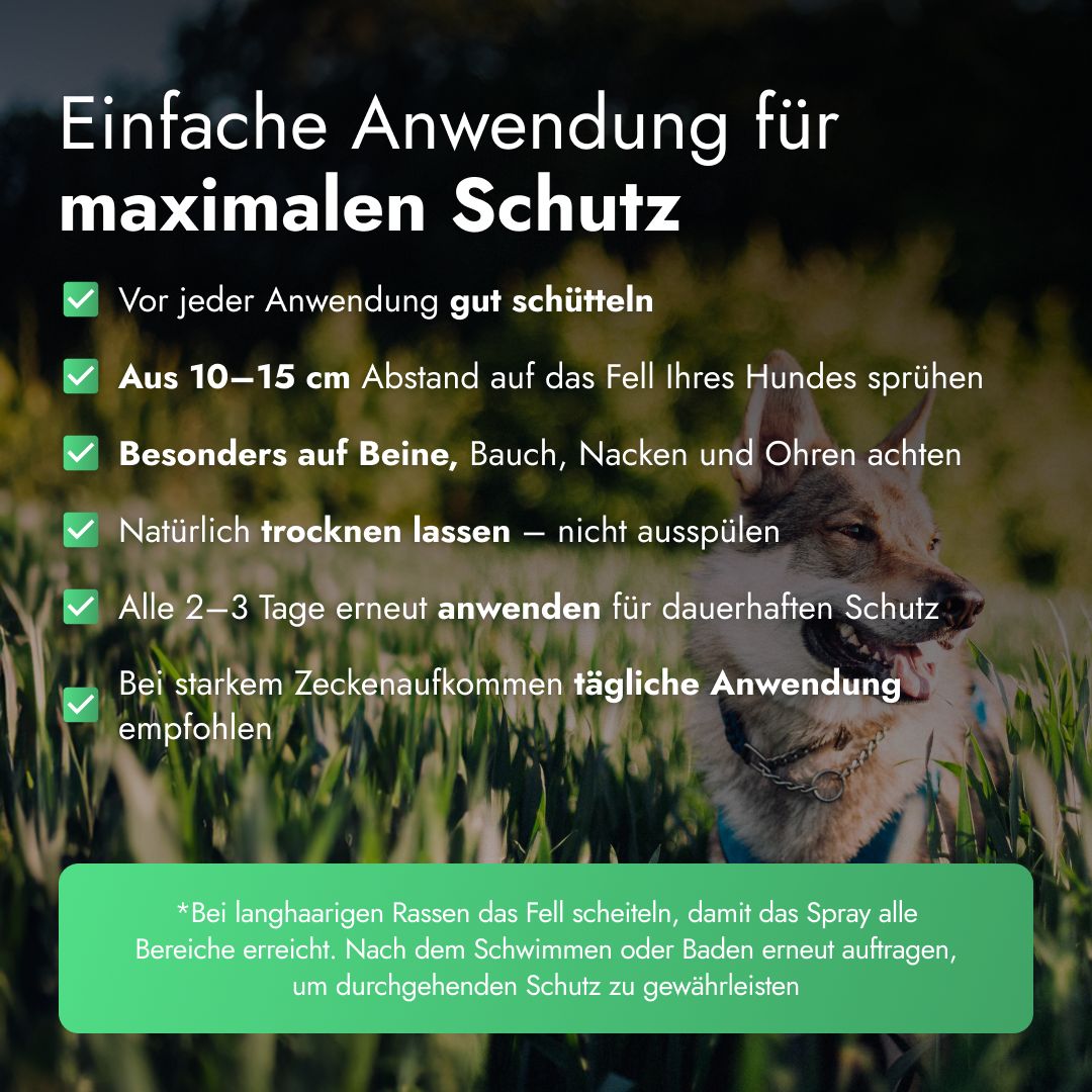 Anwendungshinweise für das Spray. Text: Vor Gebrauch schütteln, aus 10-15 cm Entfernung sprühen, auf Beine, Bauch, Nacken und Ohren achten, trocknen lassen.