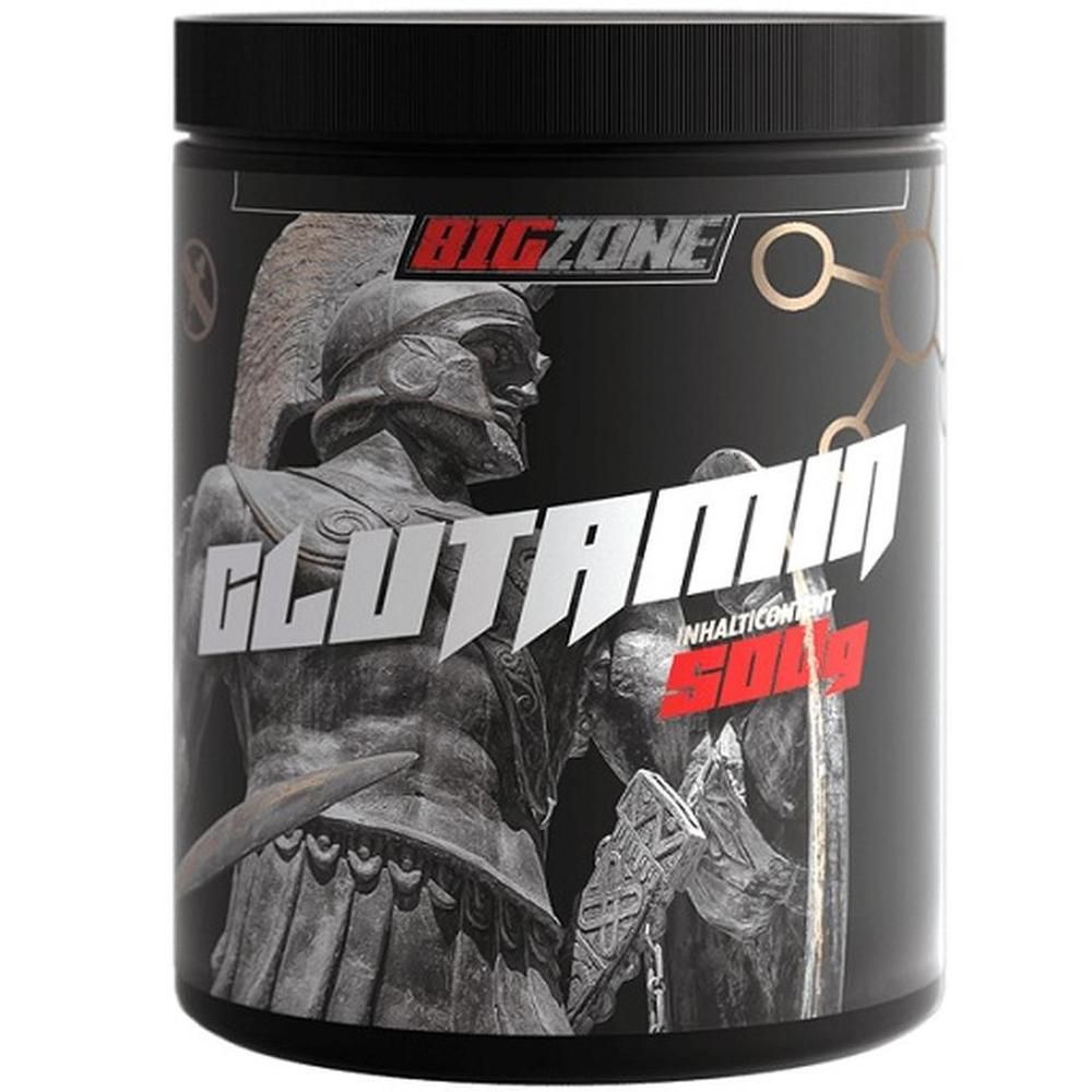 Schwarze Dose mit "BIG ZONE"-Logo und "Glutamin"-Schriftzug. Abbildung einer Statue. Deckel oben.
