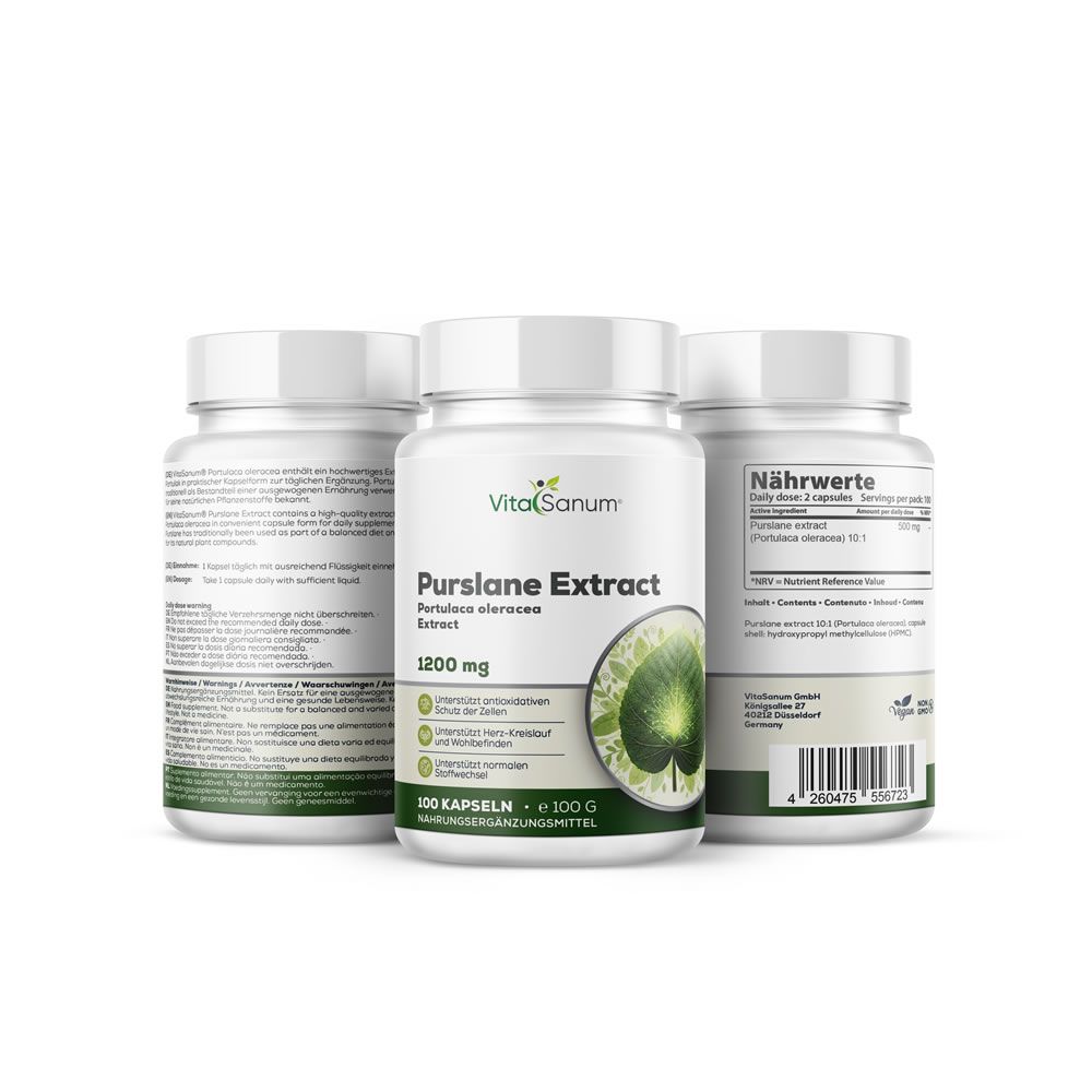 Drei weiße Flaschen mit VitaSanum®-Etikett. Aufschrift: Purslane Extract, 1200 mg. Abbildung von Portulaca oleracea. 100 Kapseln.