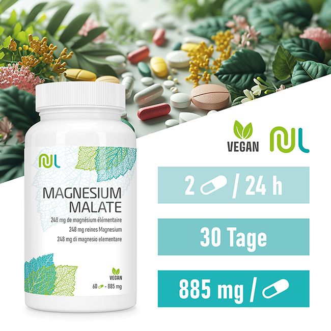 Weiße Flasche "Magnesium Malate" mit Vegan-Siegel. Zusätzliche Informationen: 2 Kapseln/24h, 30 Tage, 885 mg/Kapsel.