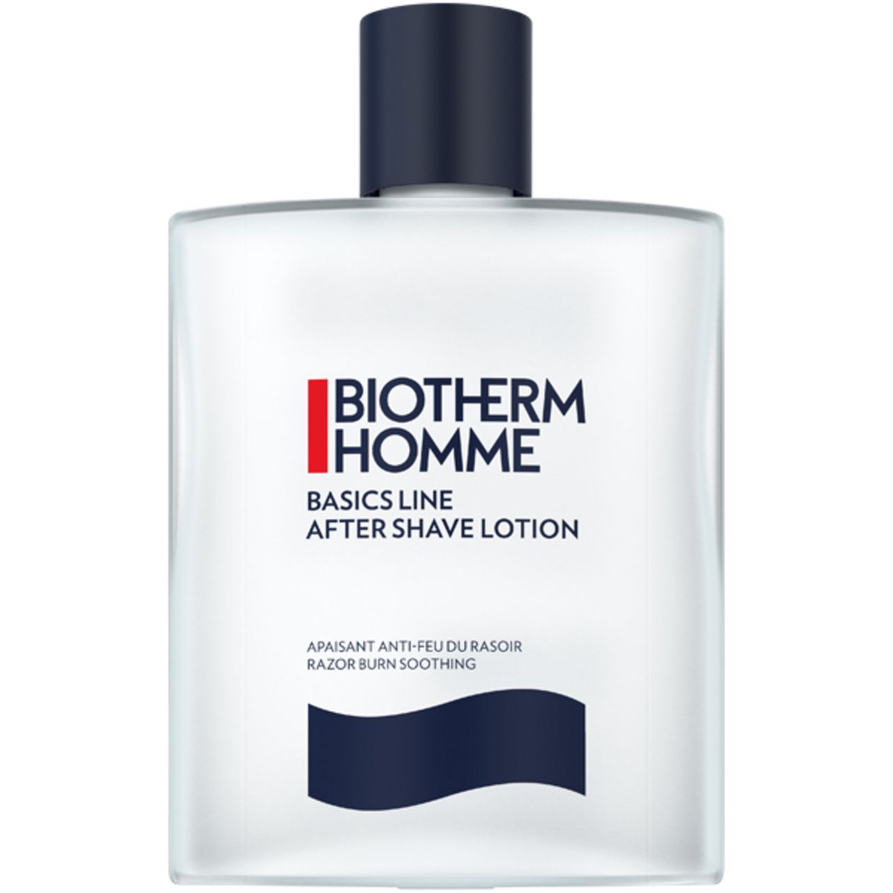 Weißes Flakon mit blauem Deckel. BIOTHERM HOMME Logo und Produktbezeichnung. Text: BASICS LINE, AFTER SHAVE LOTION.