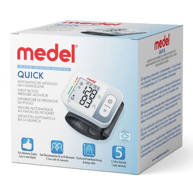 Medel QUICK Handgelenk-Blutdruckmessgerät Verpackung mit Produktabbildung und medizinischem Symbol.