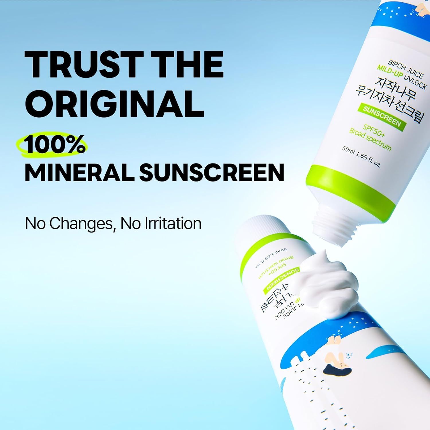 Zwei Tuben, eine mit Creme. Text: 100% Mineral Sunscreen. Keine Veränderungen, keine Irritationen.