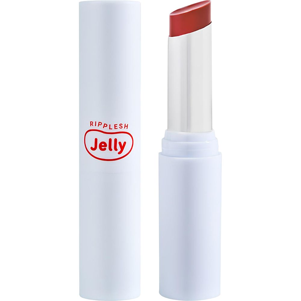 Weißer Lippenbalsam-Stift mit rotem Jelly-Logo. Der Lippenstift ist teilweise ausgefahren und zeigt eine rote Farbe.