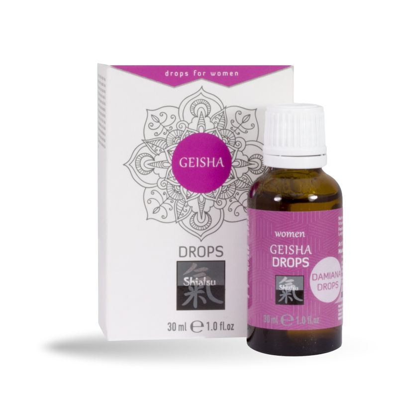 Produktverpackung und Flasche. Aufschrift: GEISHA DROPS, Shiatsu-Logo. 30 ml.