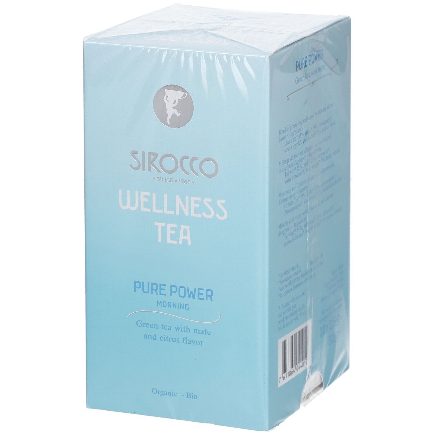 Verpackte, hellblaue Schachtel mit "Sirocco Wellness Tea". Text: "Pure Power Morning". Logo und Schriftzug in Weiß.