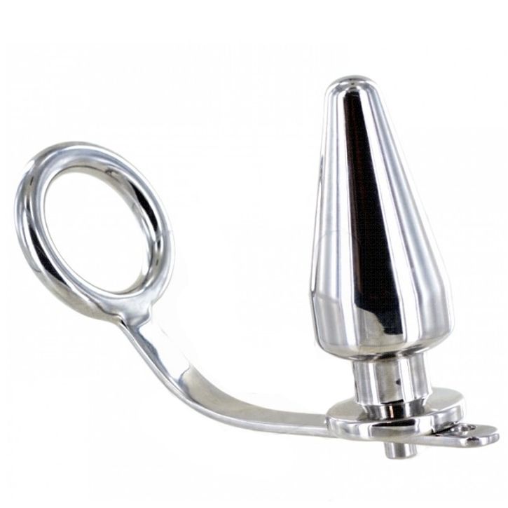 Analplug aus Metall mit Ring. Konische Form, silberfarben. Mit Basis und Halterung.