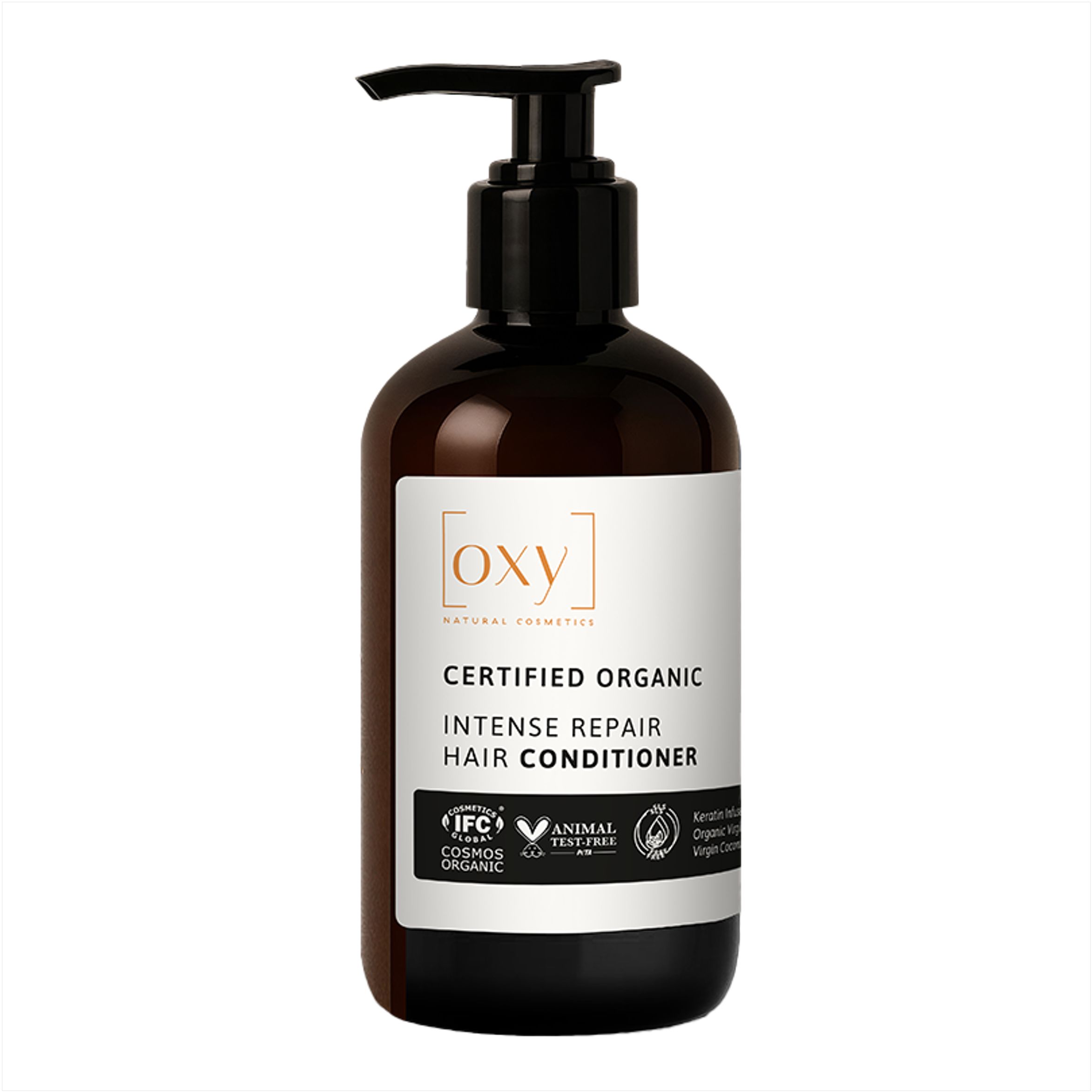 Braune Flasche mit schwarzem Pumpkopf. Aufschrift: INTENSE REPAIR HAIR CONDITIONER. Zertifiziertes Bio-Produkt.