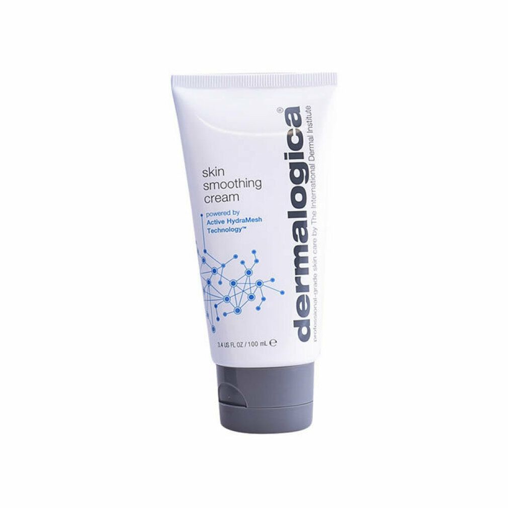 Weiße Tube mit grauer Kappe. Aufschrift: skin smoothing cream, Dermalogica Logo, 3.4 US FL OZ / 100 ml.