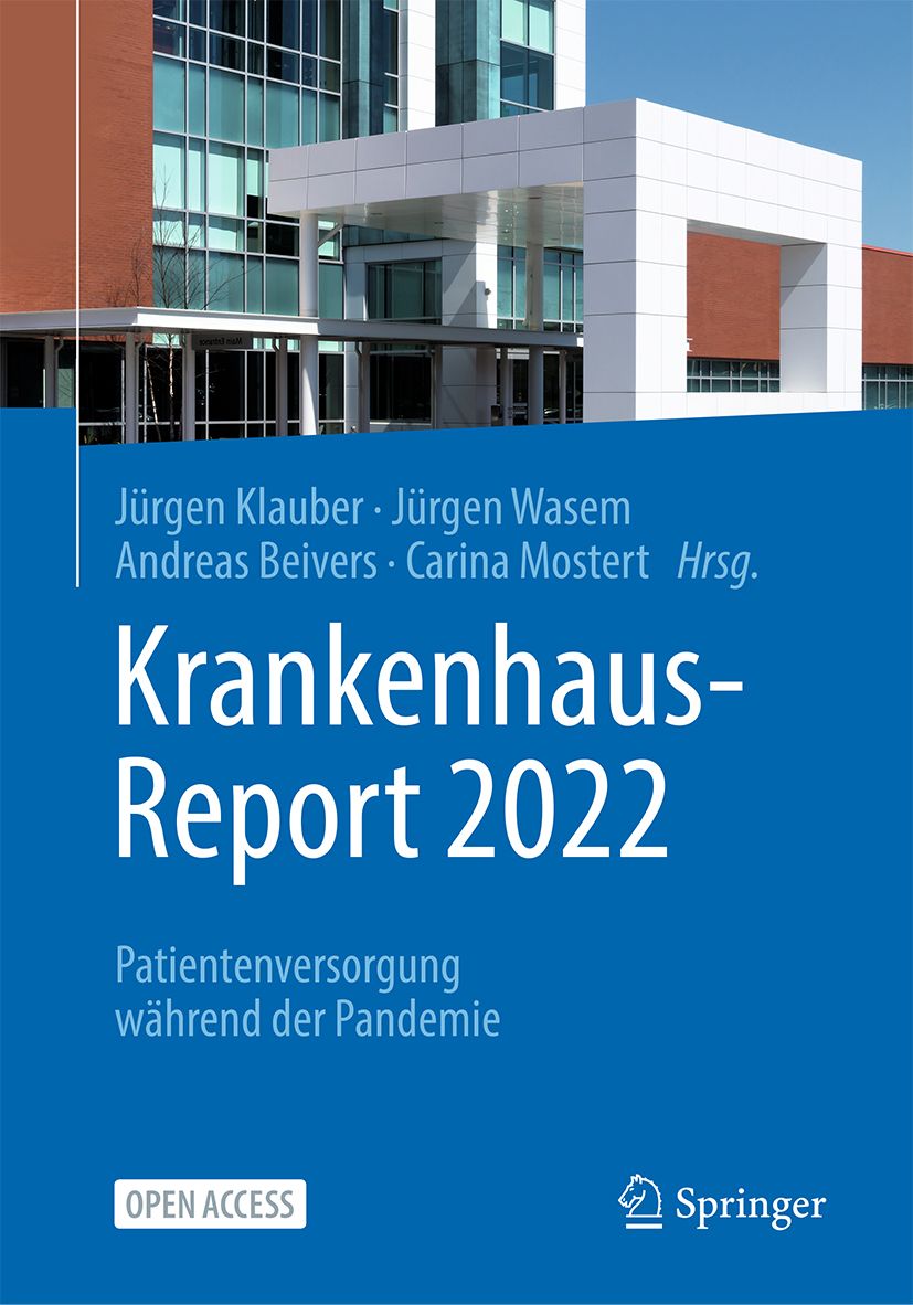 Buchcover: Krankenhaus-Report 2022. Titel in Weiß auf blauem Hintergrund. Autoren und Springer-Logo sichtbar. Open Access.