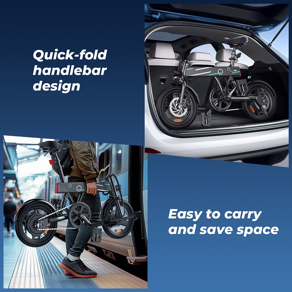 E-Bike zusammengeklappt im Kofferraum. Person trägt zusammengeklapptes E-Bike. Platzsparendes Design.