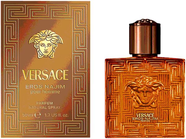 Versace Eros Najim Parfum Flakon und Schachtel mit Medusa-Kopf und geometrischem Muster.