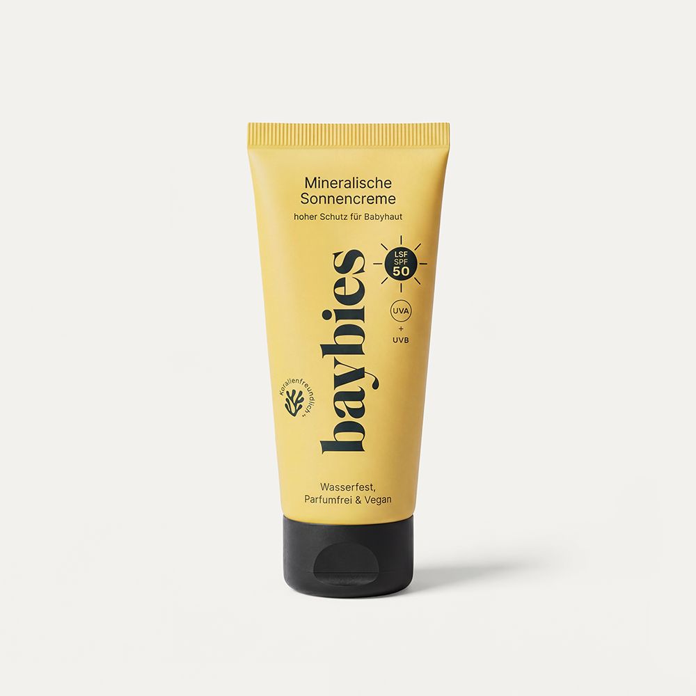 Gelbe Tube Sonnencreme mit schwarzem Deckel. LSF 50, mineralisch, für sensible Babyhaut.