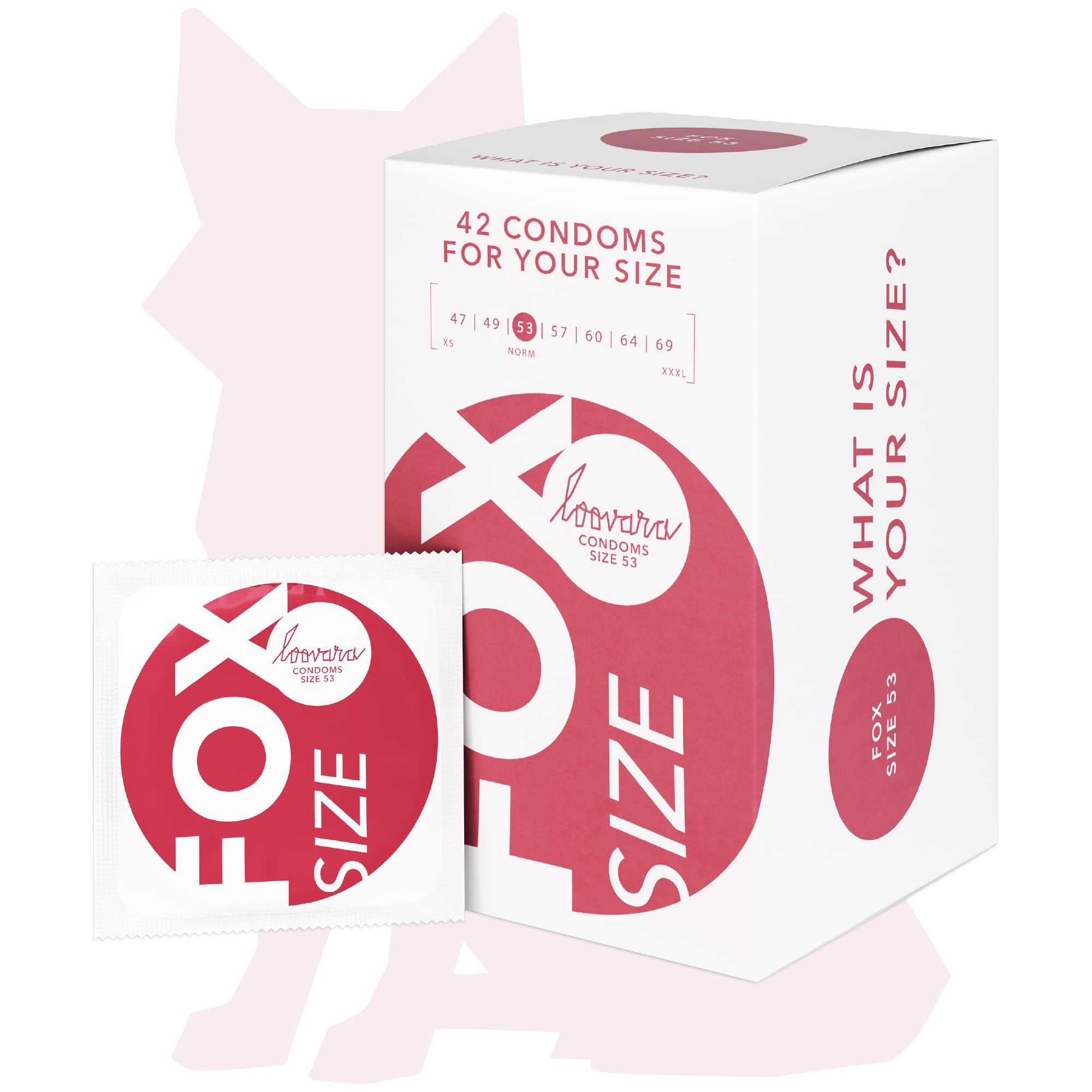Loovara Kondompackung 'Fox' Größe 53, mit einzelnem Kondom.