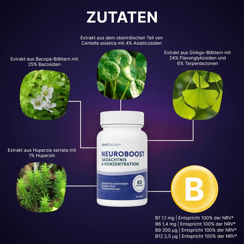 Produktflasche mit Zutaten-Illustrationen. Aufschrift: Neuro Boost, Gedächtnis & Konzentration. 60 Kapseln. Vitamine B-Symbole.
