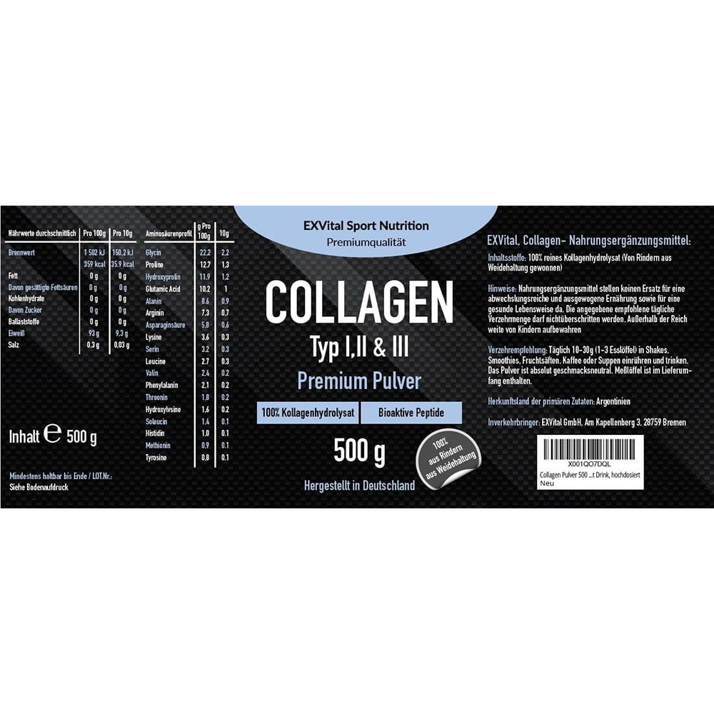 Schwarze Verpackung mit weißen Texten. Aufschrift: COLLAGEN Typ I, II & III Premium Pulver. 500 g. Nährwertangaben.