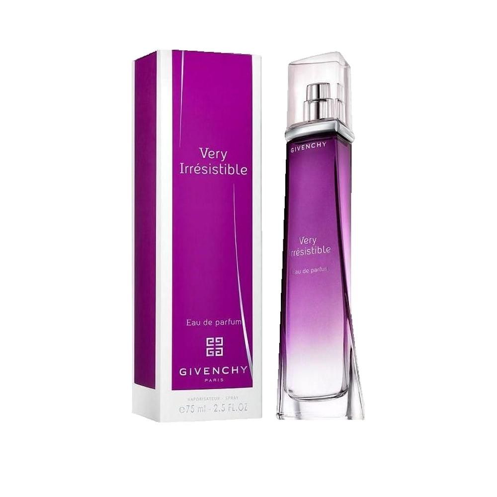 Givenchy Very Irresistible Parfum élégant für Frauen. Flakon und Verpackung in Lila und Weiß. Schriftzug: Very Irrésistible, Eau de Parfum.