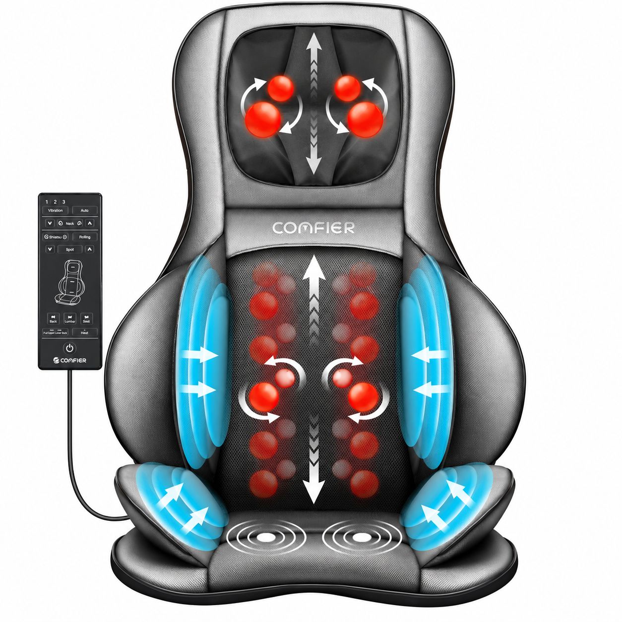 Nackenmassagegerät mit Shiatsu-Knetknoten und Luftkompressionsmassage für Rücken und Schultern.