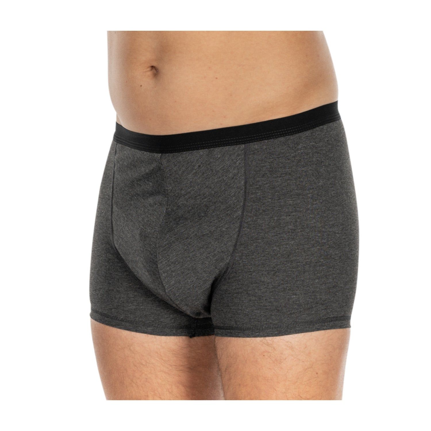 Graue Herren-Boxershorts. Schwarzer Bund. Baumwollstoff. Seitliche Ansicht.