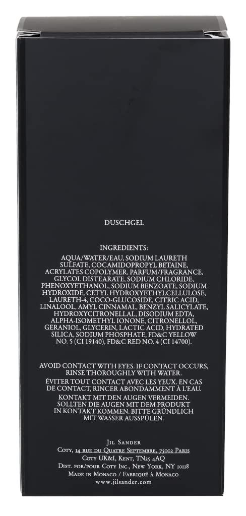 Schwarze Schachtel mit Text und Inhaltsstoffen. JIL SANDER Logo. Text: Duschgel. Warnhinweise und Herstellerinformationen.