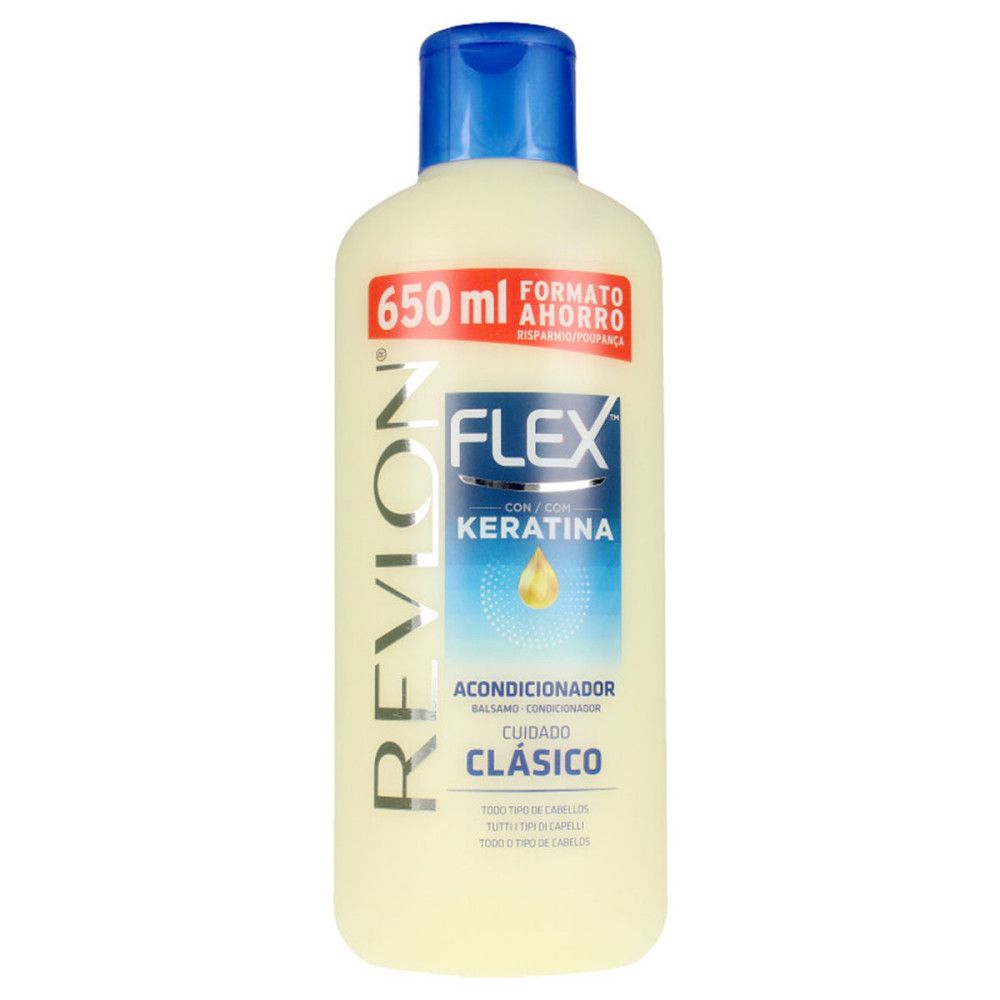 Beige Flasche mit blauem Deckel. Aufschrift: Revlon, Flex Keratin, Acondicionador, Cuidado Clásico. 650 ml.