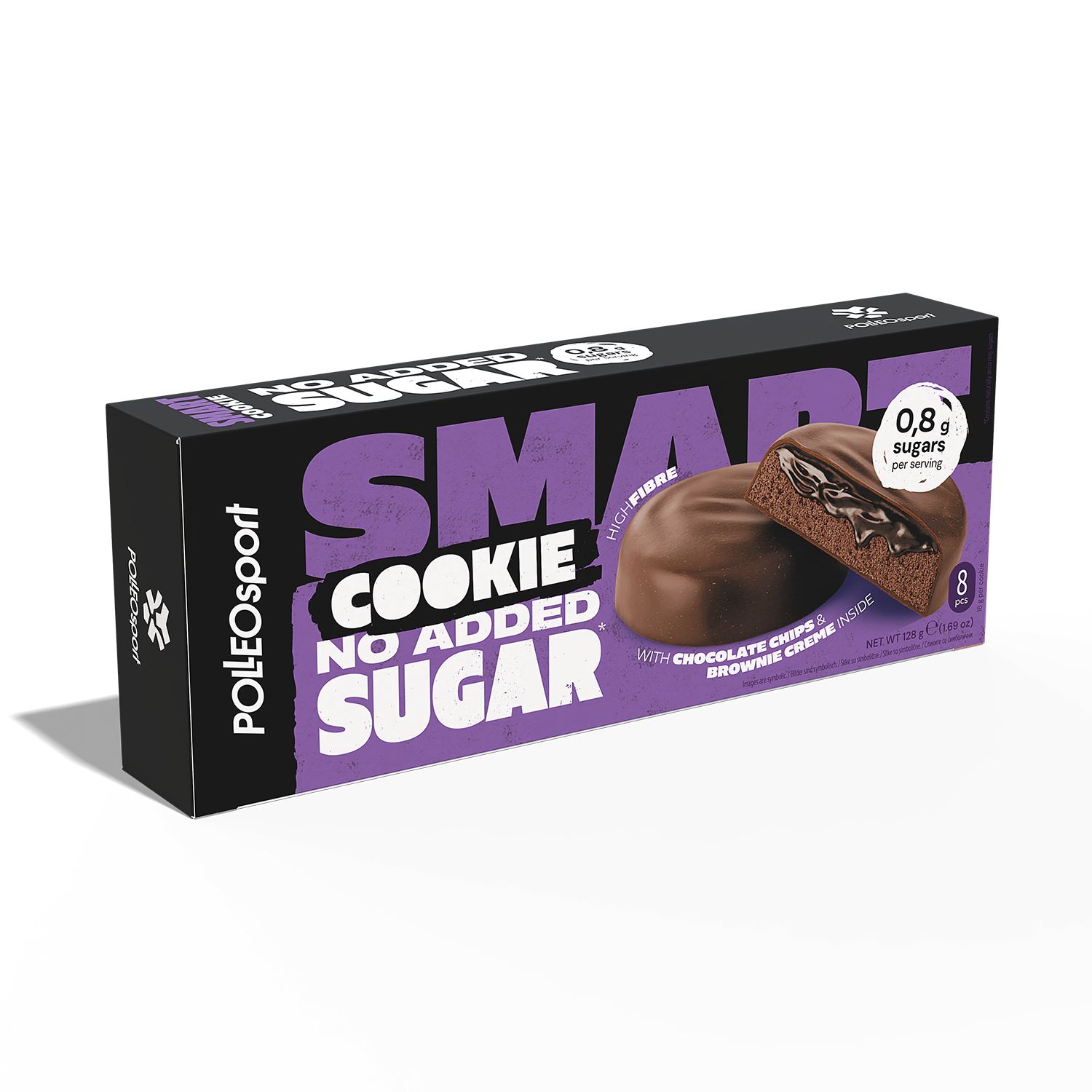 Verpackung von Polleo Smart Cookie, zuckerfrei, mit Schokoladenstückchen und Brownie-Creme-Füllung.