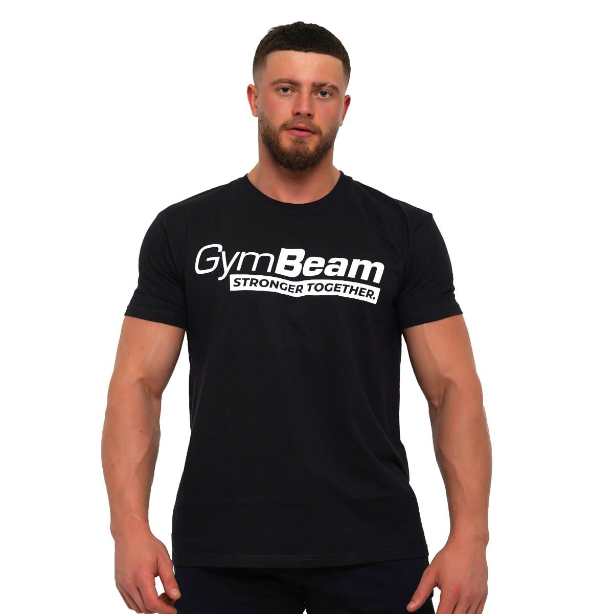 Schwarzes GymBeam T-Shirt für Herren mit weißem "Stronger Together" Aufdruck.