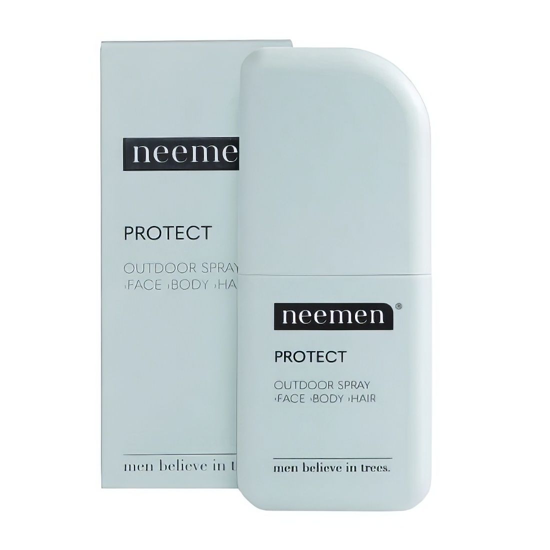Hellblaue Sprühflasche und Verpackung. Aufschrift: Neemen, Protect, Outdoor Spray, Face, Body, Hair. Untertitel: men believe in trees.