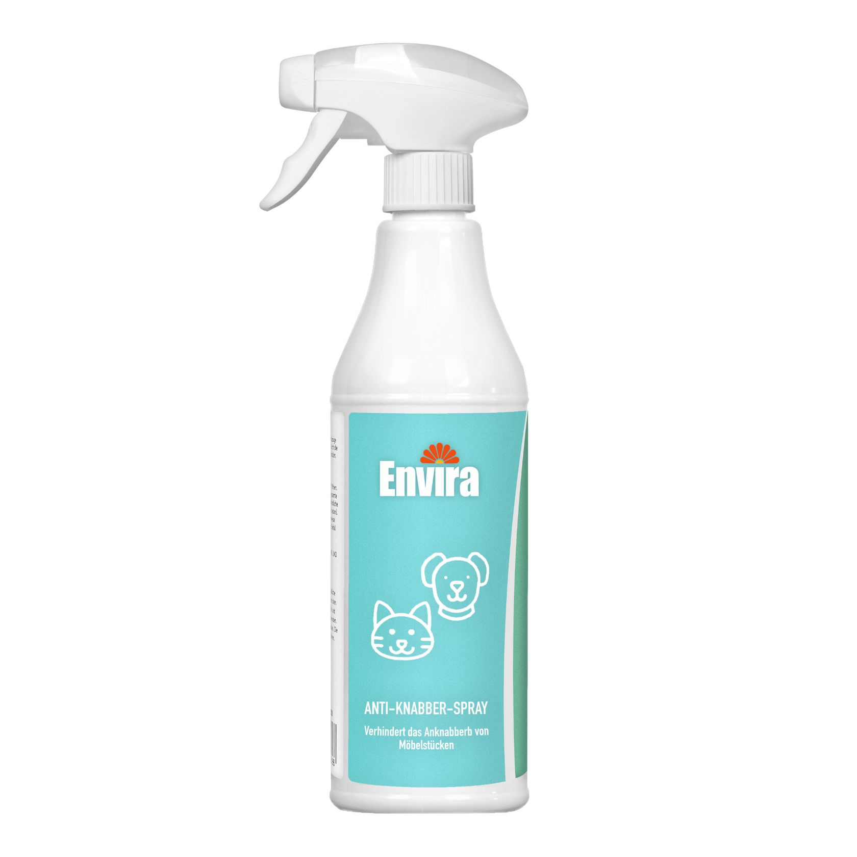 Weiße Sprühflasche mit grünem Etikett. Aufschrift: Envira, Anti-Knabber-Spray. Illustrationen von Katze und Hund.