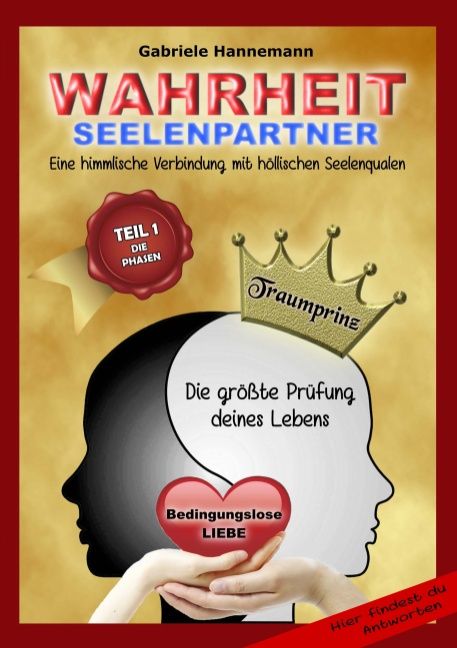 Buchcover: Wahrheit Seelenpartner Teil 1. Titel, Autor, Siegel mit "Teil 1 Die Phasen". Illustration: zwei Gesichter, Krone, Herz mit "Bedingungslose LIEBE".