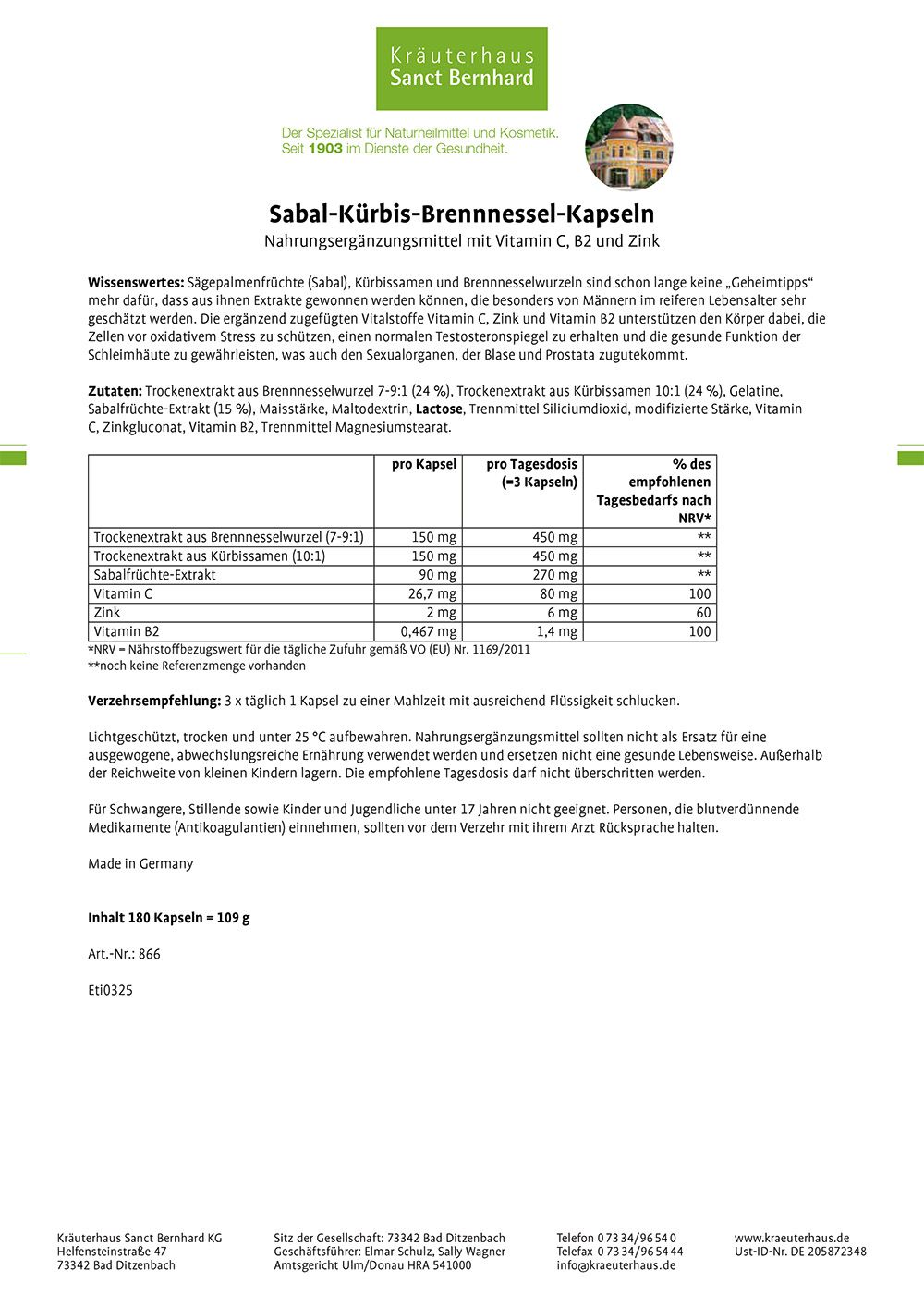 Weißes Etikett mit Text. Produktname: Sabal-Kürbis-Brennnessel-Kapseln. Enthält Informationen zu Inhaltsstoffen und Nährwerten.