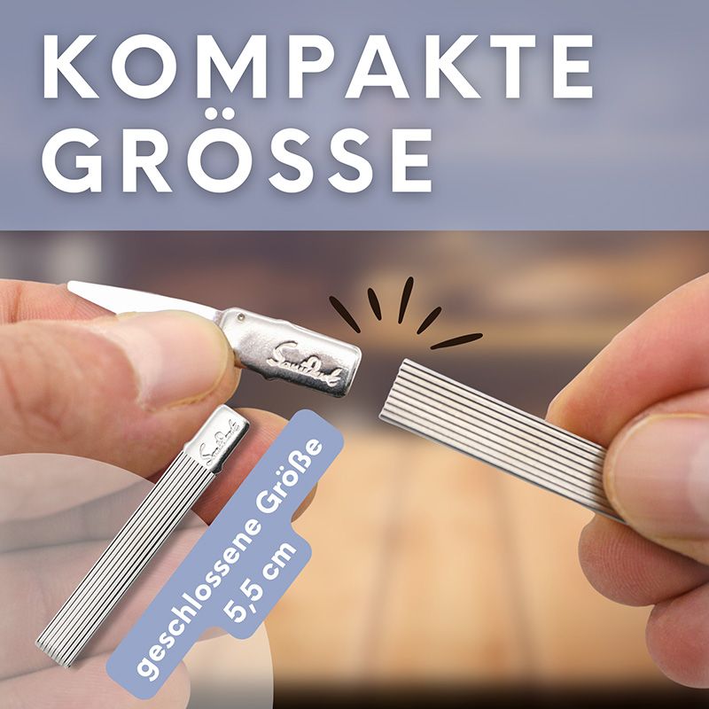 Sanident Zahnstocher: Kompakte Größe, 5,5 cm geschlossen. Silberfarben, geriffelt.