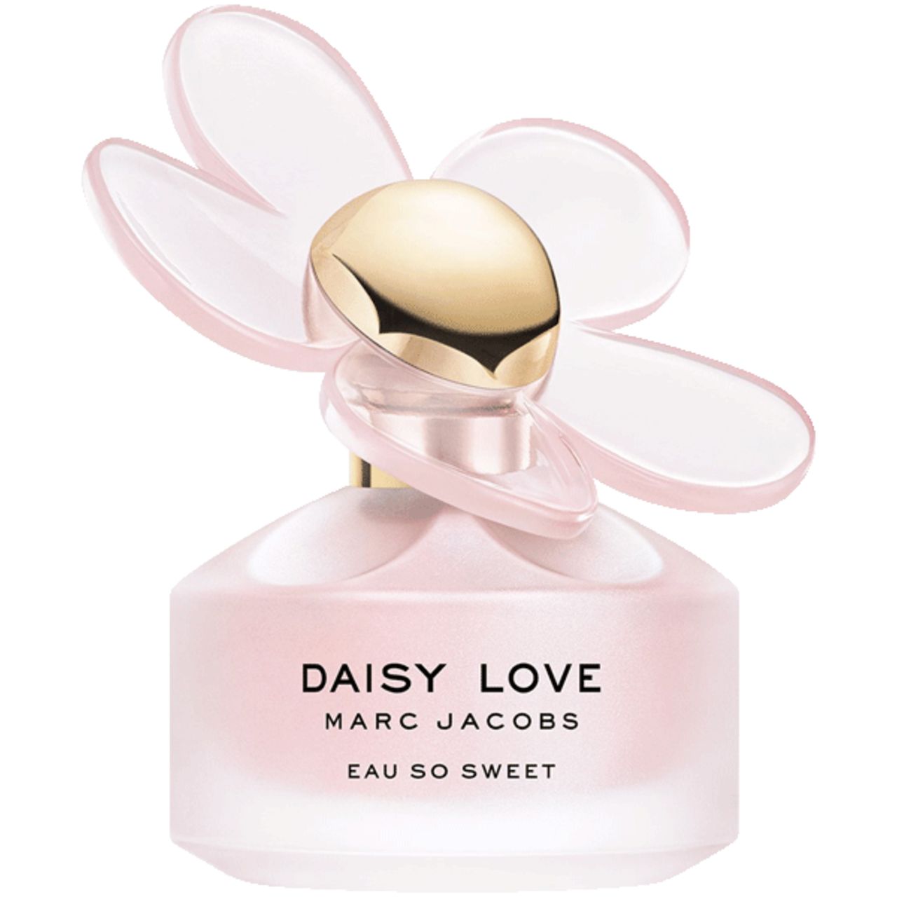 Rosa Flakon mit goldfarbenem Verschluss und Blüten-Design. Aufschrift: Daisy Love, Marc Jacobs, Eau So Sweet.