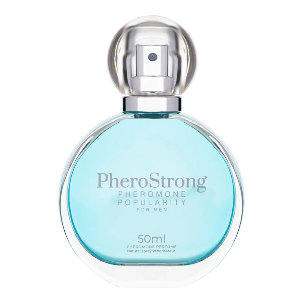 PheroStrong Parfümflakon. Hellblaues Parfüm, 50ml. Pheromon Popularität für Männer.