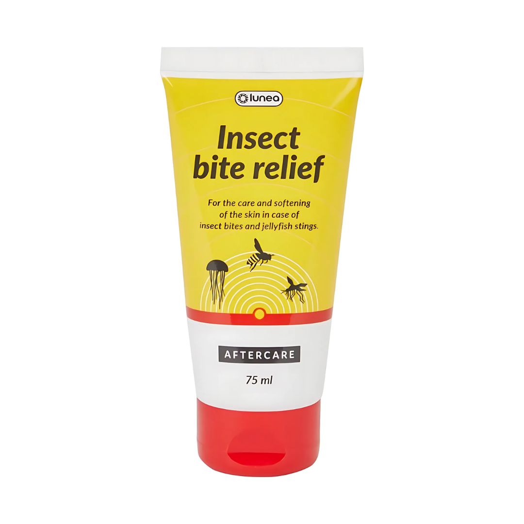 Gelbe Tube mit "Insect bite relief"-Aufdruck. Roter Verschluss, weiße Schrift. 75 ml. Illustrationen von Insekten.