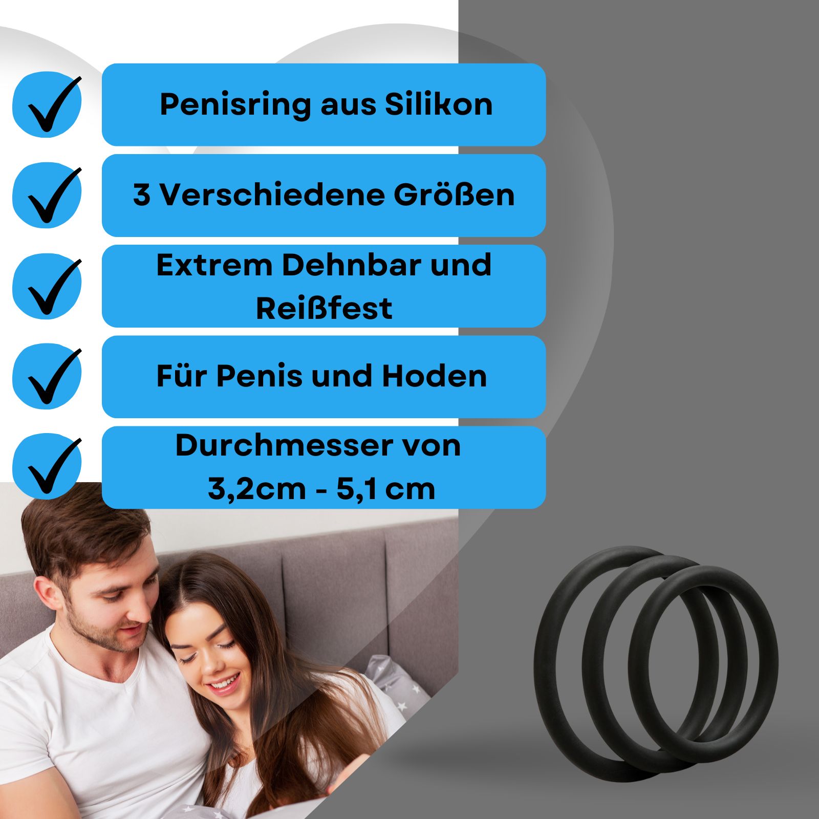 Produktabbildung mit drei schwarzen Penisringen und Text: Penisring aus Silikon, 3 Größen, dehnbar.
