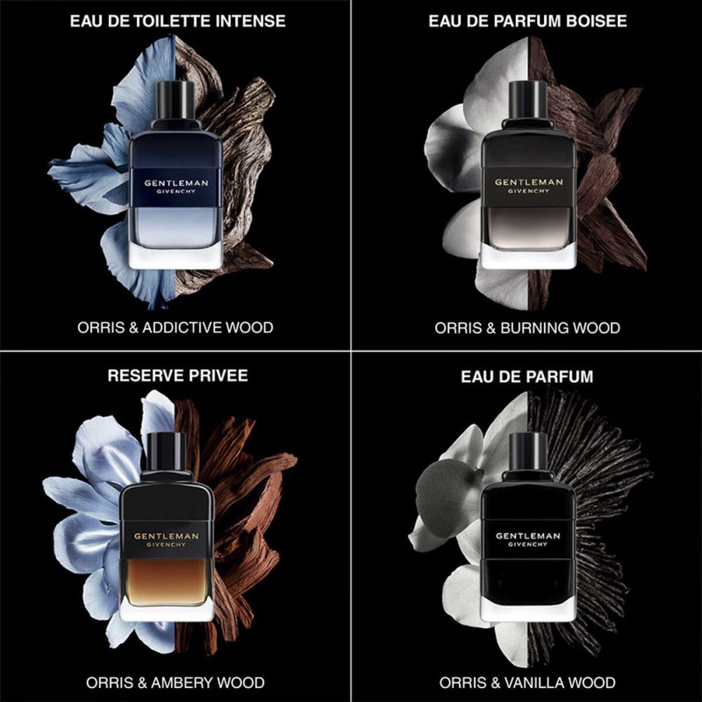 Verschiedene Givenchy Gentleman Eau de Toilette Intense Flakons. Schwarze Flakons mit weißem Schriftzug, umgeben von Blüten und Holz.