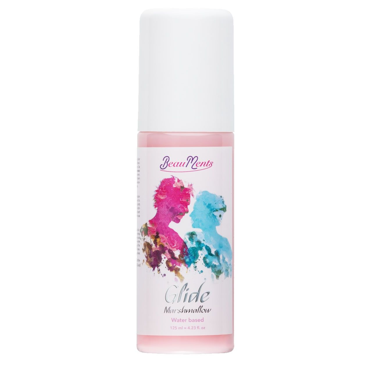 Zylinderförmige Flasche mit weißem Deckel. Aufschrift: BeauMents, Glide, Marshmallow, Water based. Abbildung zweier Silhouetten.