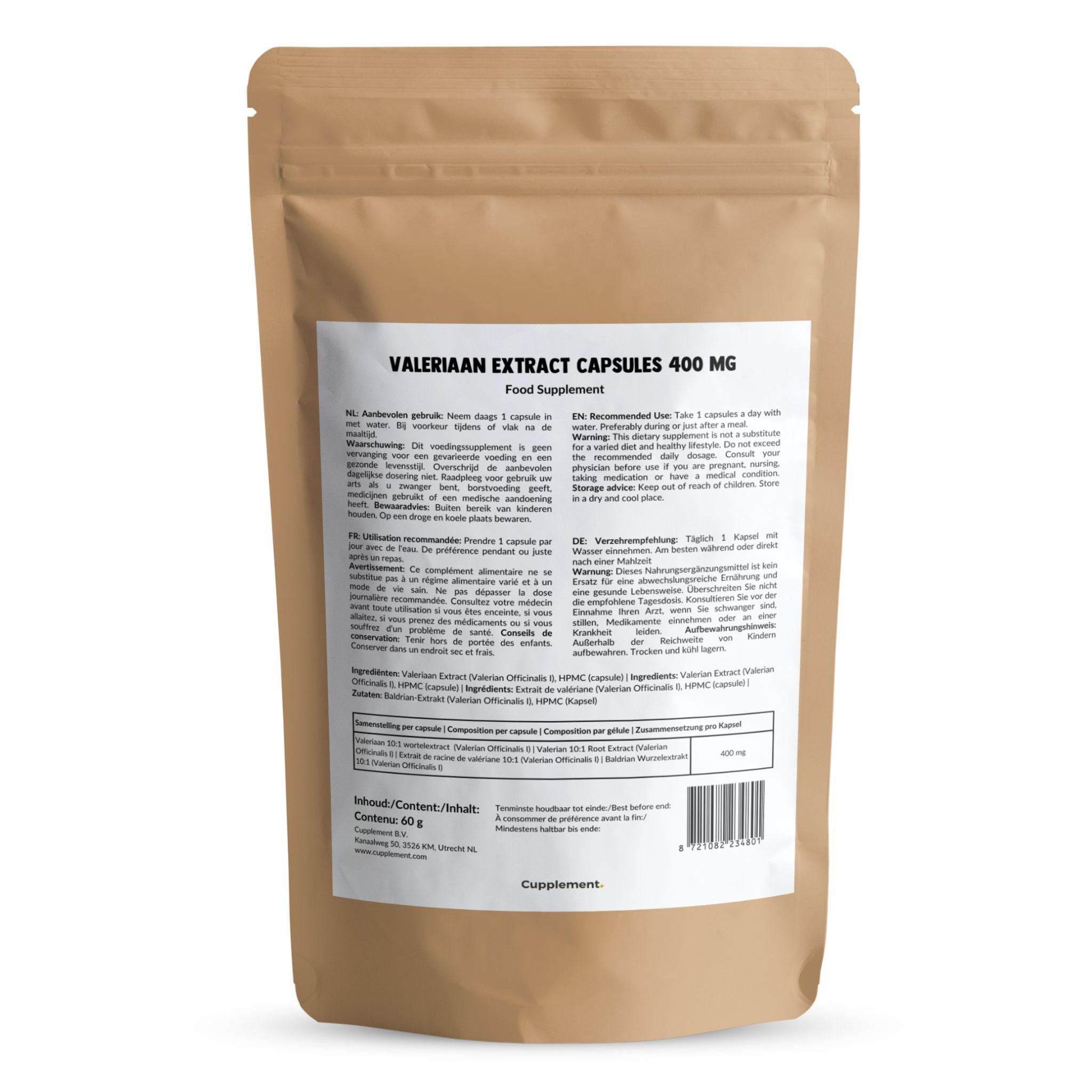 Rückseite des Beutels mit Produktinformationen. Aufschrift: Valerian Extract Capsules 400 mg. Text in mehreren Sprachen.