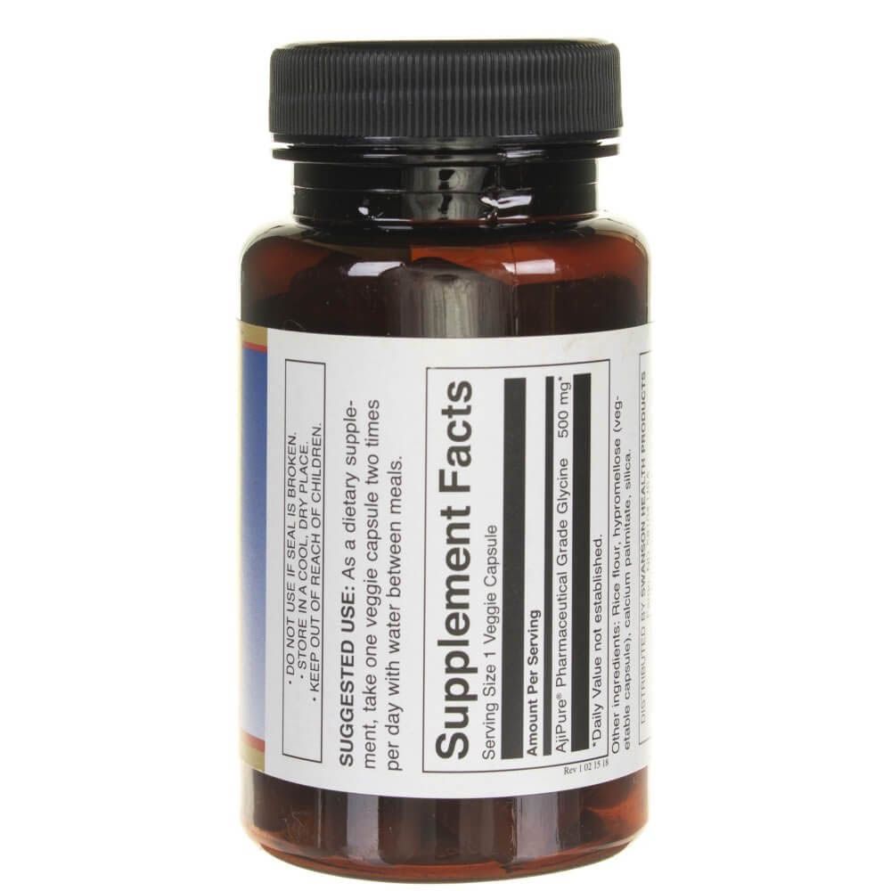 Rückseite einer Flasche Swanson Glycin, mit Nährwertangaben und Dosierungshinweisen.