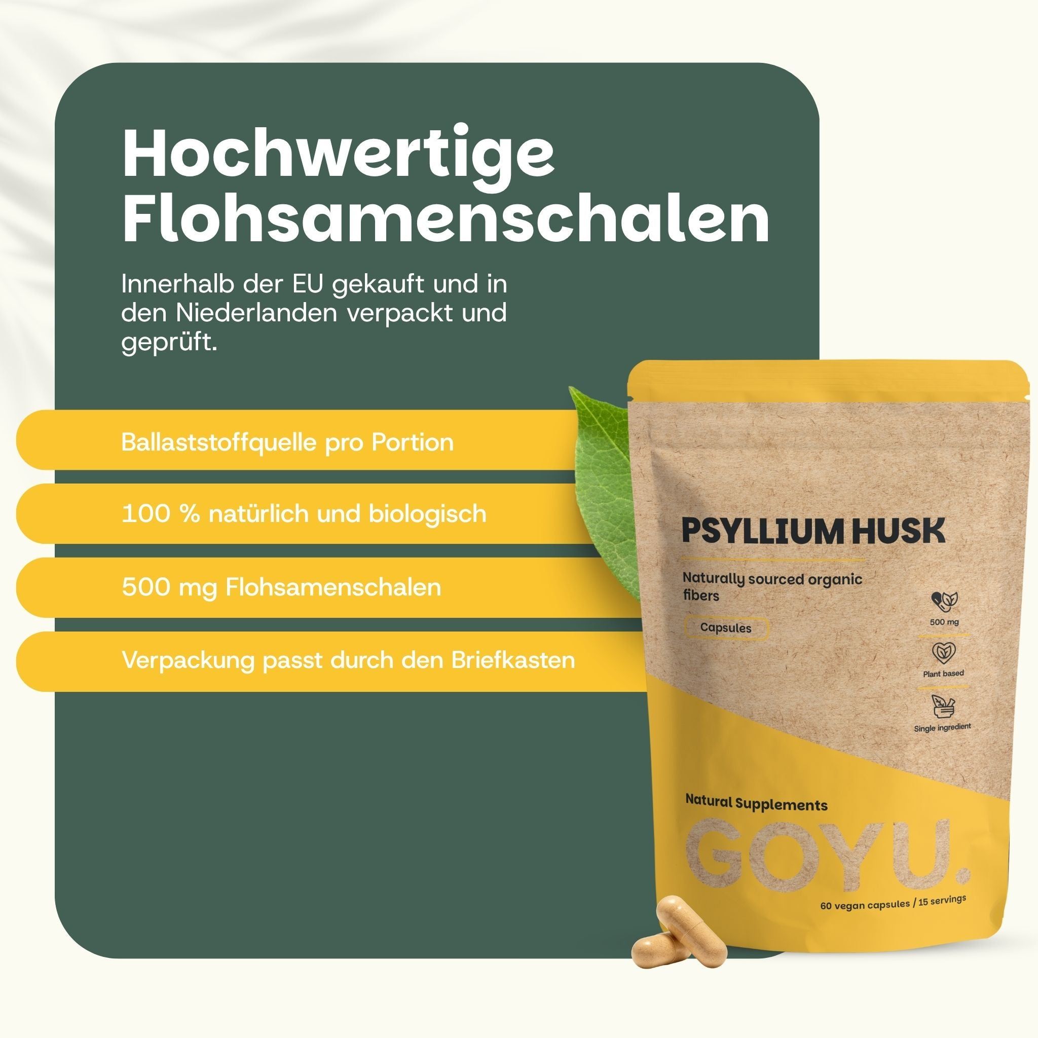 Hochwertige Flohsamenschalen Kapseln, 500 mg, natürlich und biologisch.