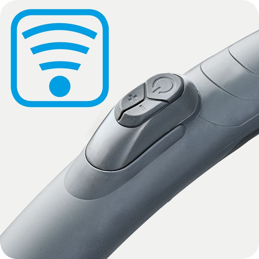 Grauer Griff mit Tasten und WLAN-Symbol. Ein/Aus-Taste.