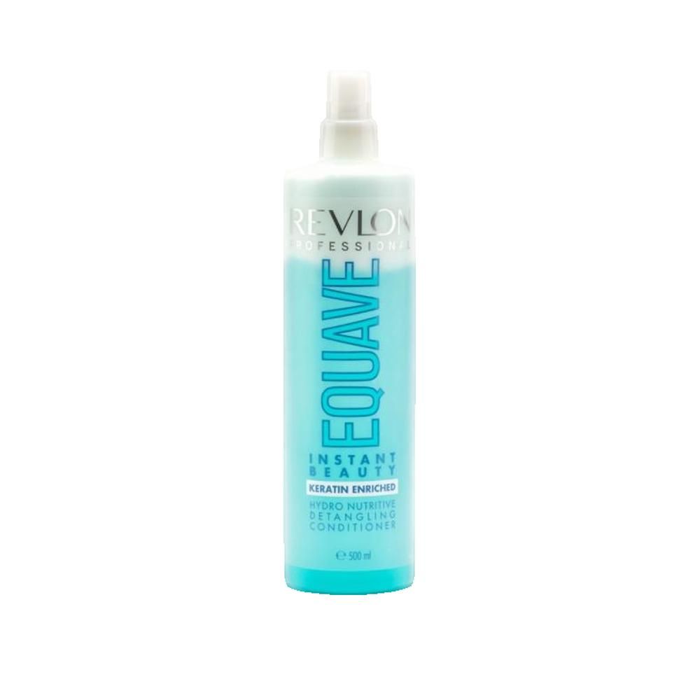 Blau-transparente Flasche mit Sprühkopf. Aufschrift: Revlon Equave, Instant Beauty, Keratin Enriched, Hydro Nutritive Detangling Conditioner.