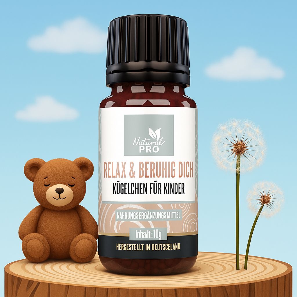 Braune Glasflasche mit schwarzem Deckel. Aufschrift: Relax & Beruhig Dich Kügelchen für Kinder. Teddybär und Pusteblumen.
