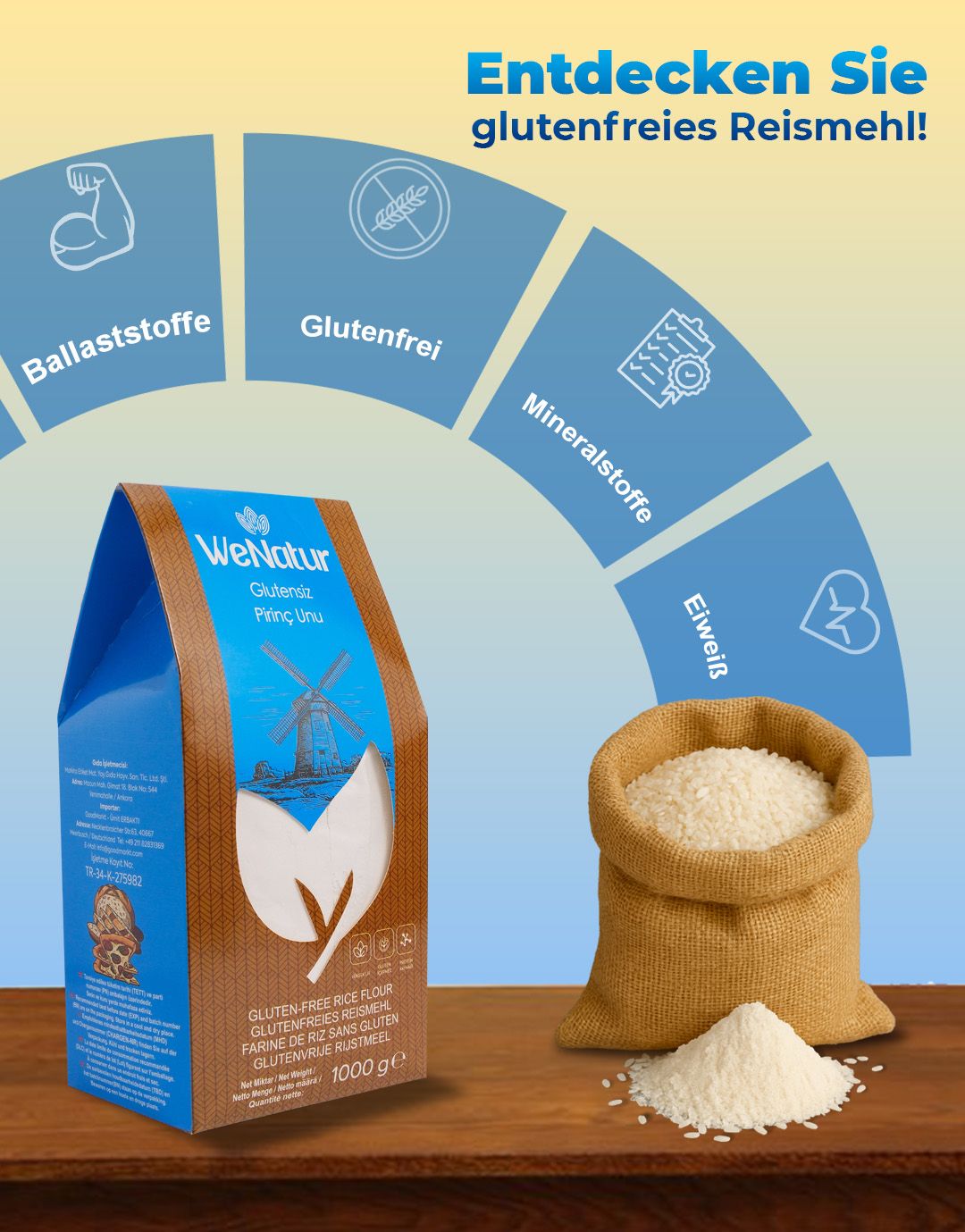 WeNatur glutenfreies Reismehl mit Icons für Ballaststoffe, Glutenfrei, Mineralien und Protein.