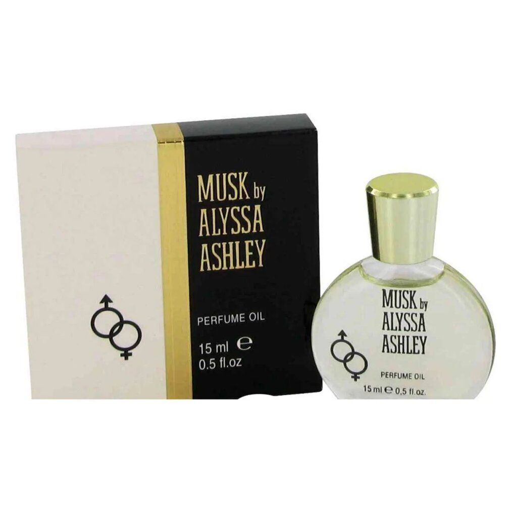 Flakon und Schachtel. Aufschrift: Musk by Alyssa Ashley, Parfume Öl. 15 ml. Flakon rund mit goldfarbenem Verschluss.