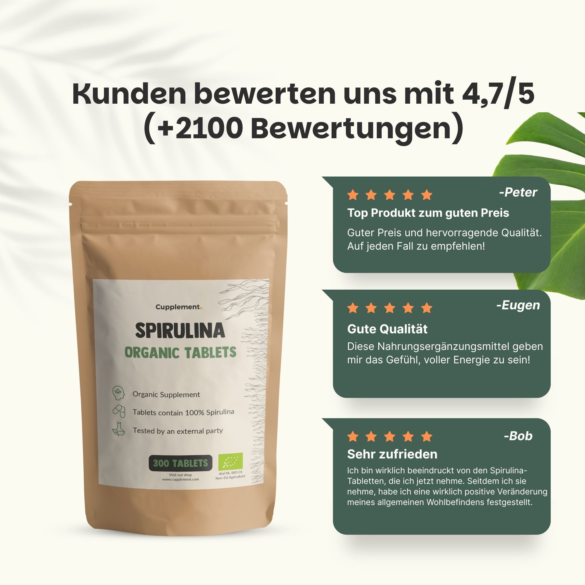 Beutel mit Spirulina-Tabletten. Text: Kunden bewerten uns mit 4,7/5. Zitate von Kunden.