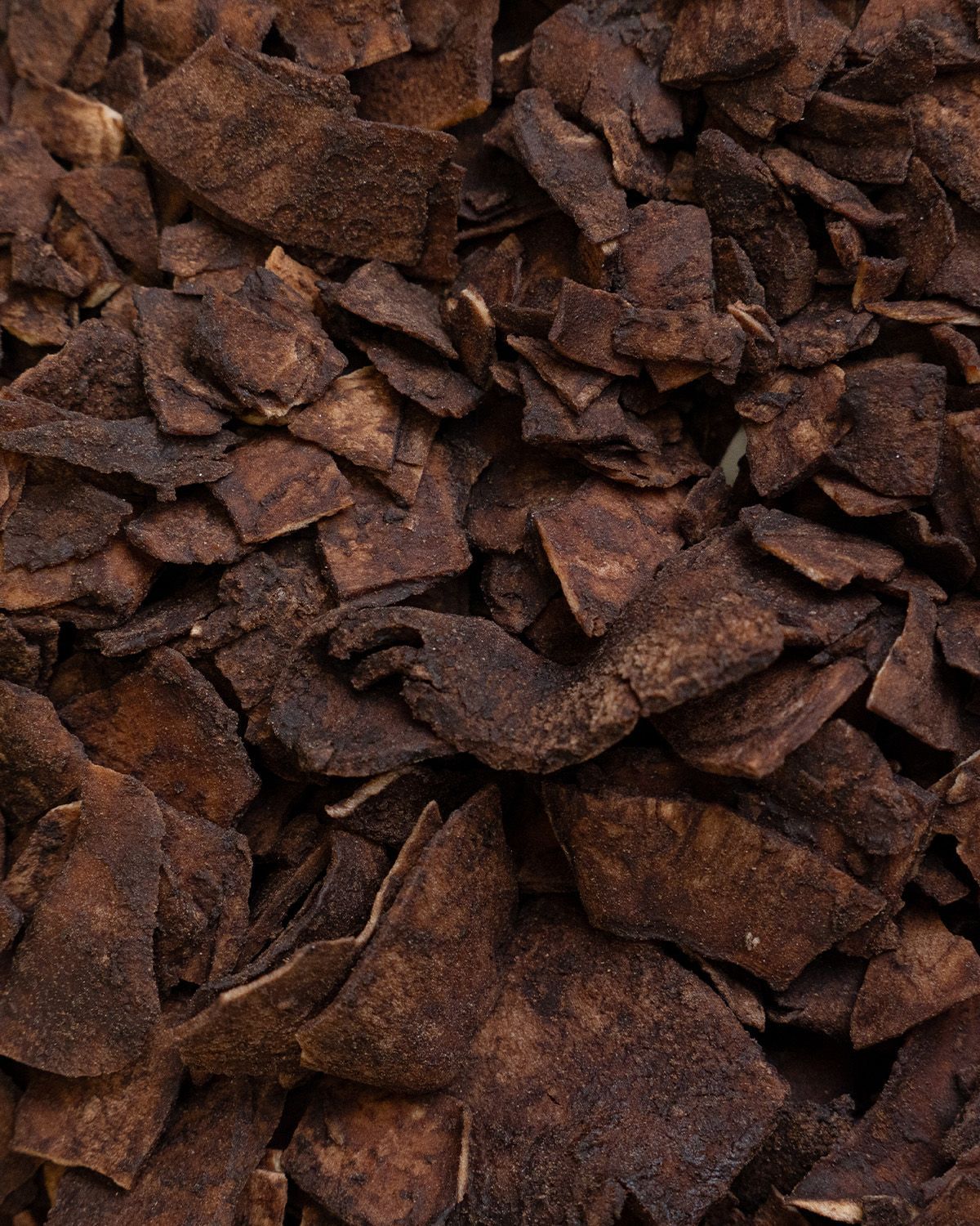 Nahaufnahme von buXtrade Kokoschips mit Kakao. Dunkelbraune, unregelmäßige Form. Textur sichtbar.